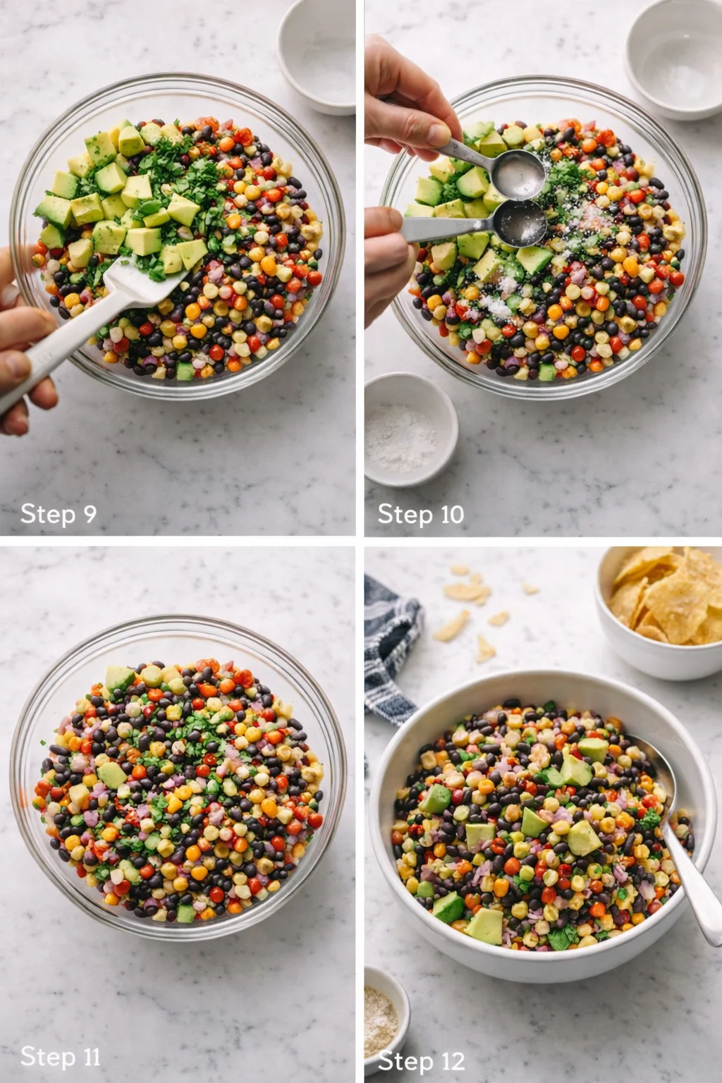 Four-panel collage showing colorful bean and avocado salad being prepared on a marble counter.