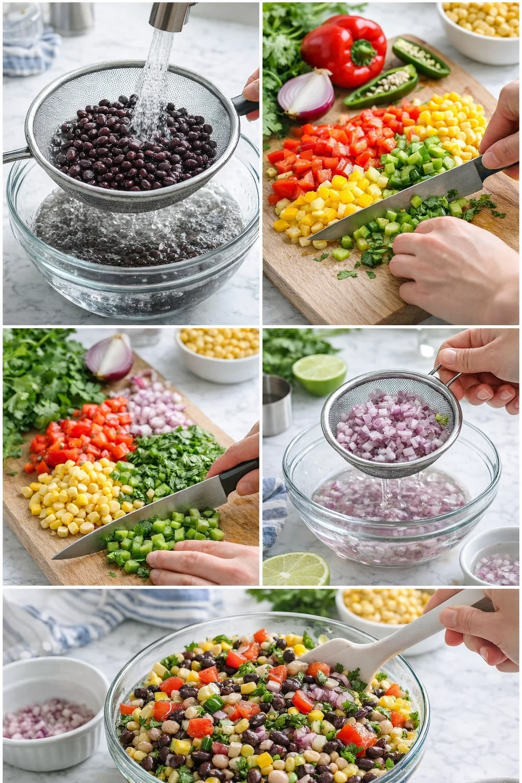 collage showing prep steps for black-bean corn salad: rinsed beans, diced peppers, onion, and mixing in a bowl.