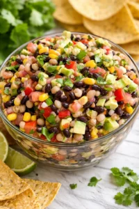 bowl of colorful bean and corn salad with avocado, tomato, cilantro, and lime wedges