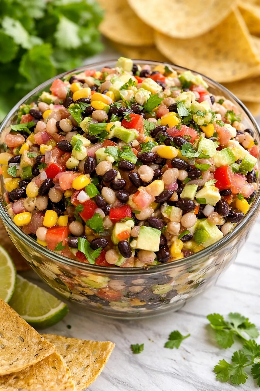 bowl of colorful bean and corn salad with avocado, tomato, cilantro, and lime wedges