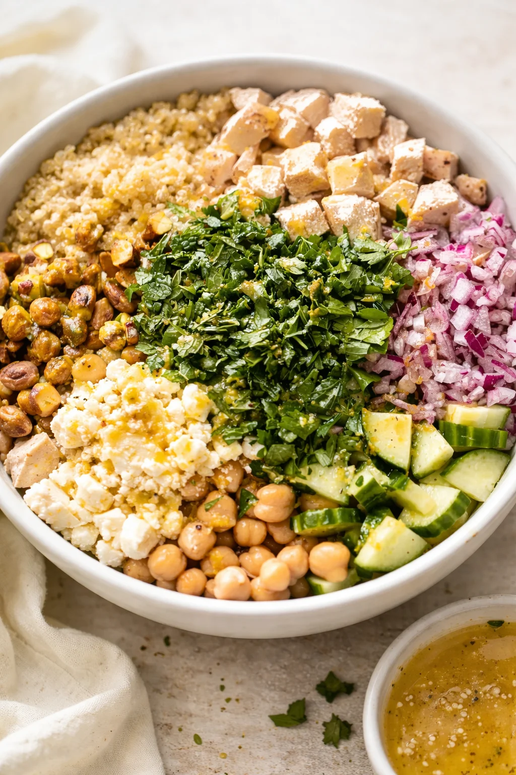 Colorful grain bowl with quinoa, chickpeas, diced tofu, feta, cucumber, red onion, and herbs.
