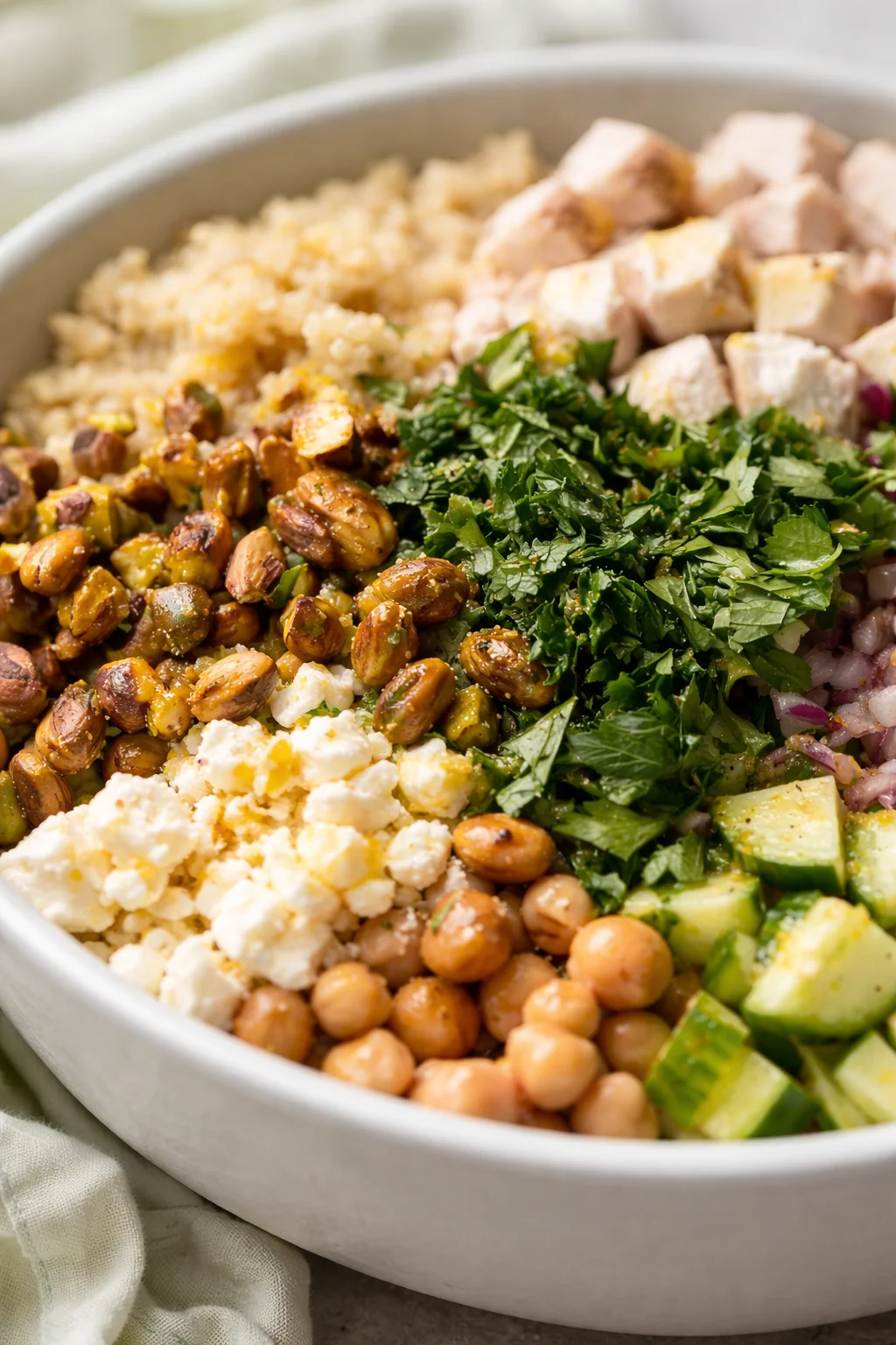 close-up of colorful salad bowl with chickpeas, feta, avocado, cucumber, parsley, onion, and chicken