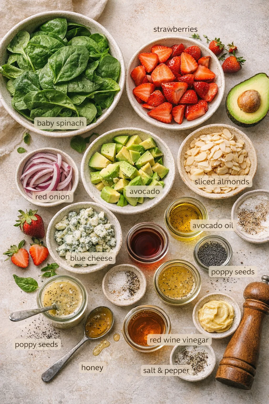 Top-down view of bowls with spinach, strawberries, avocado, onions, almonds, cheese and condiments.