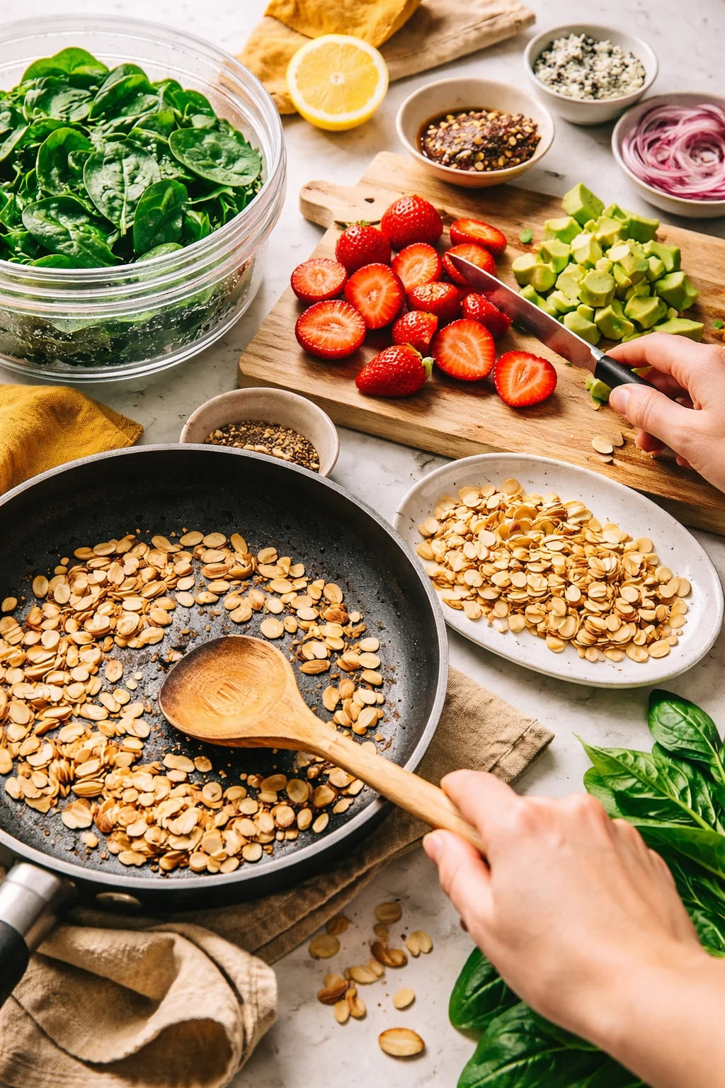 Top-down view of a kitchen prep scene with spinach, strawberries, avocado, lemon, and seeds.