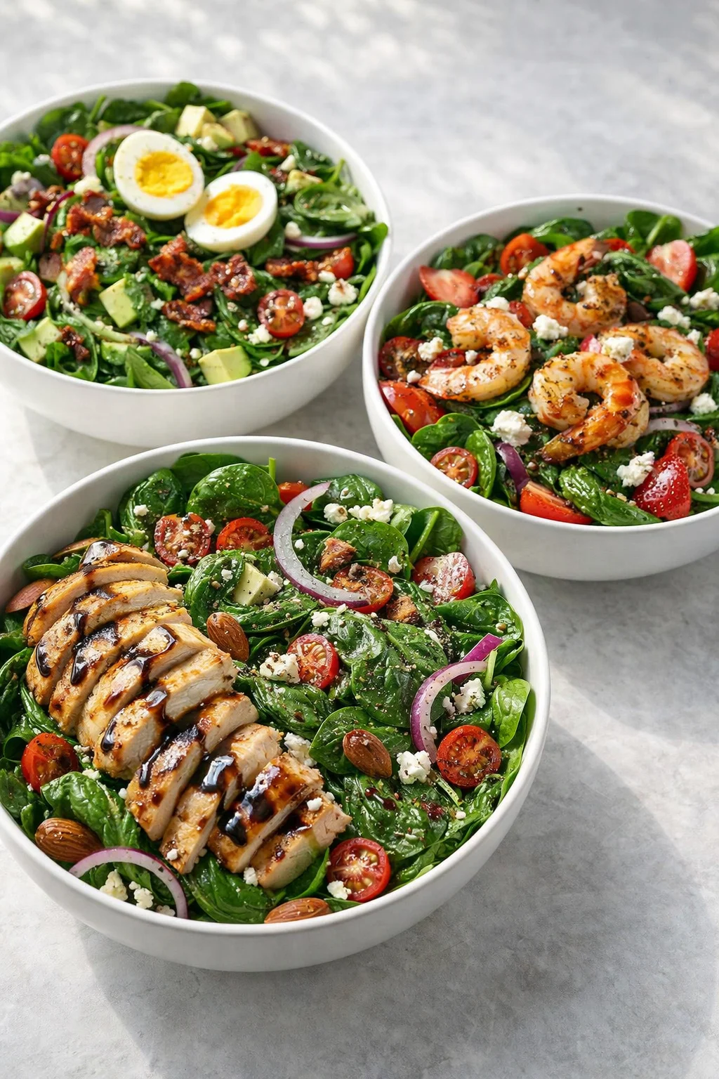 Three white bowls of colorful salads with greens, cherry tomatoes, red onion, avocado, feta, and protein toppings (shrimp and chicken).