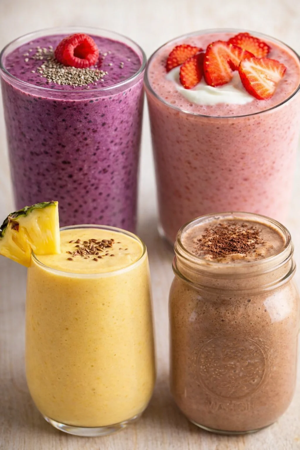 Four colorful smoothies arranged on a light wooden surface, with two tall glasses and two jars.
