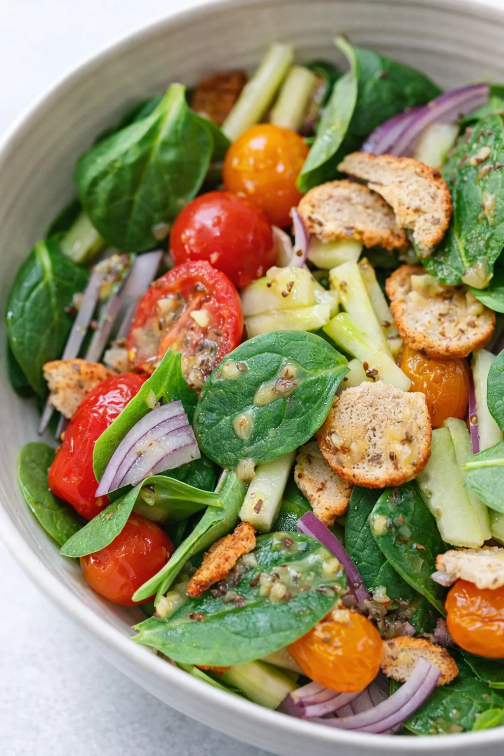 A close-up of a vibrant salad with spinach, cherry tomatoes, cucumber, red onion, and croutons in a light vinaigrette.