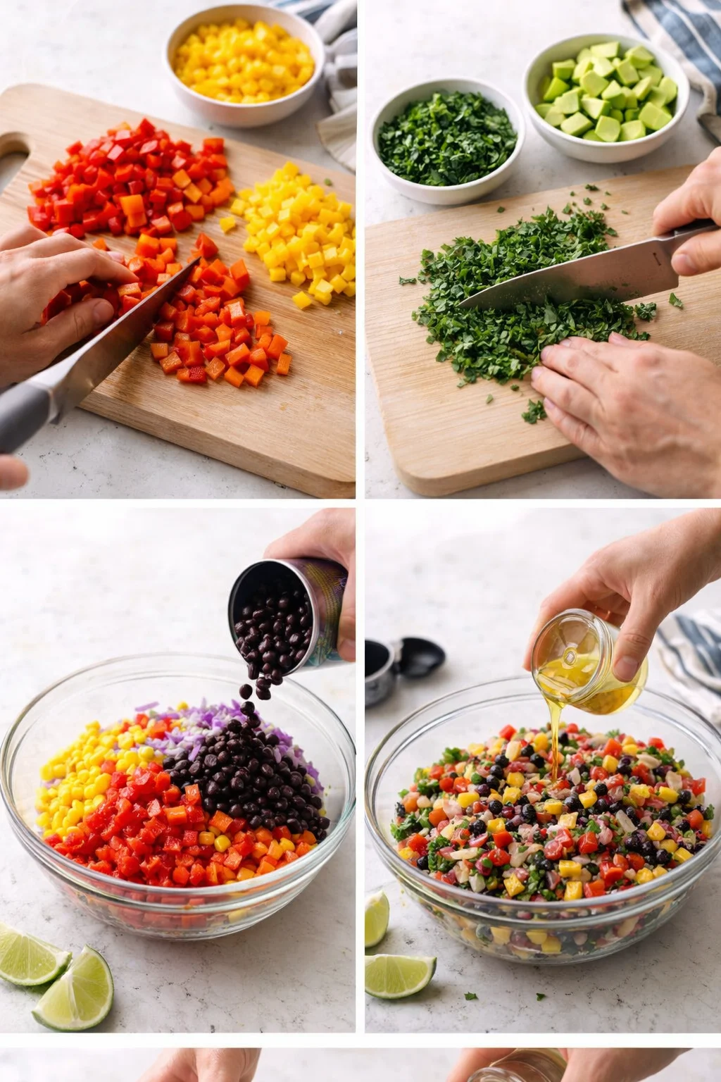 four-panel collage of chopped peppers, greens, corn, beans and oil being prepared.