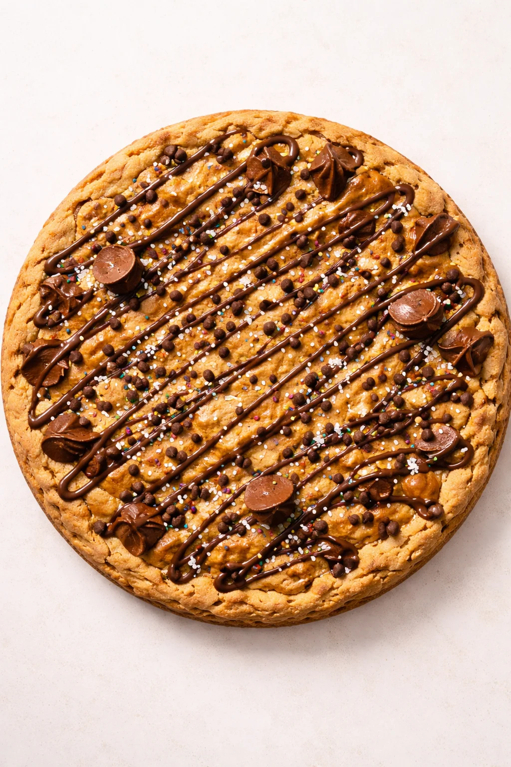 round baked cookie-pie with dark chocolate drizzle, chips, and colorful sprinkles on a light background