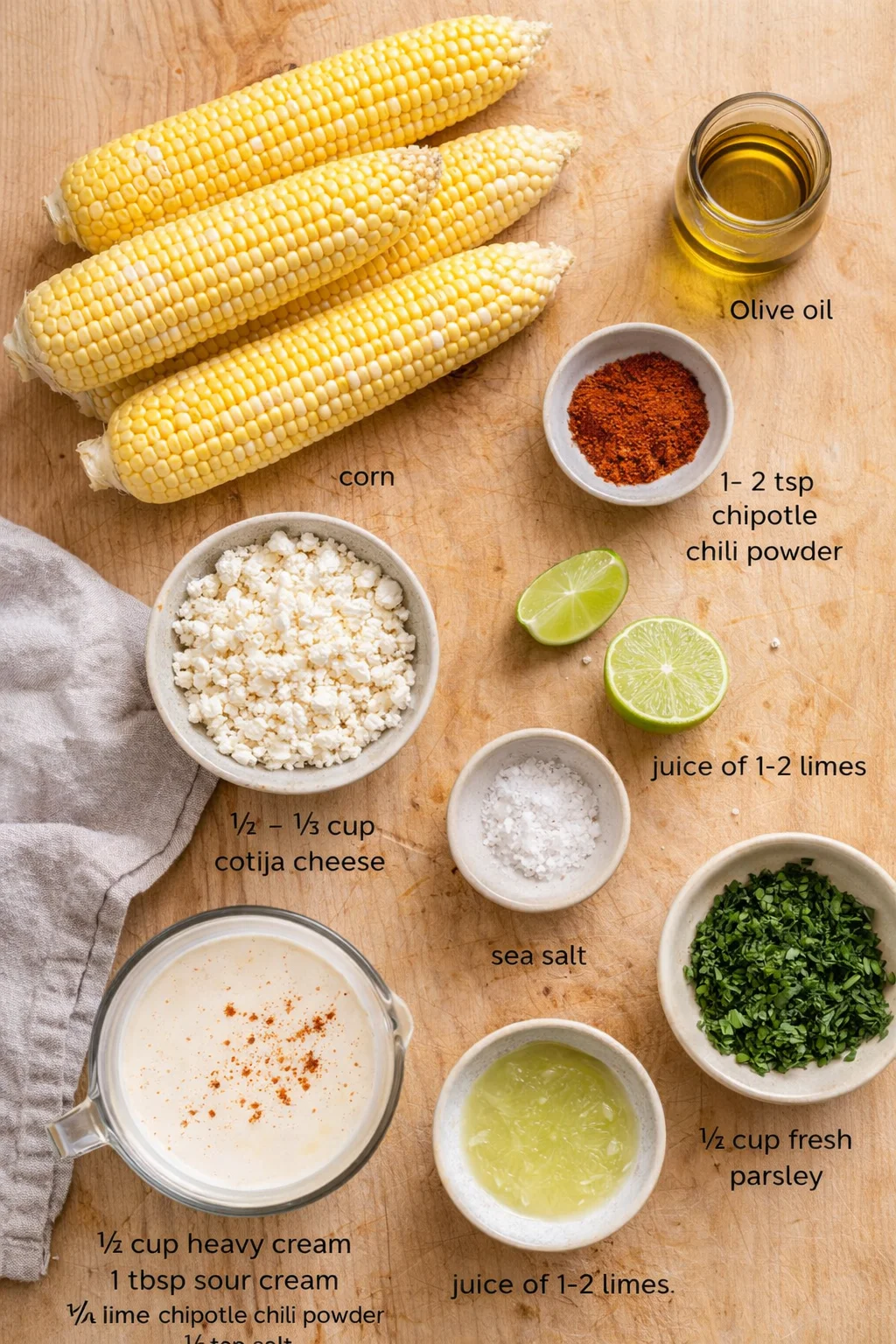 Overhead view of three corn cobs with cotija cheese, lime, olive oil, and spices on a wooden board.
