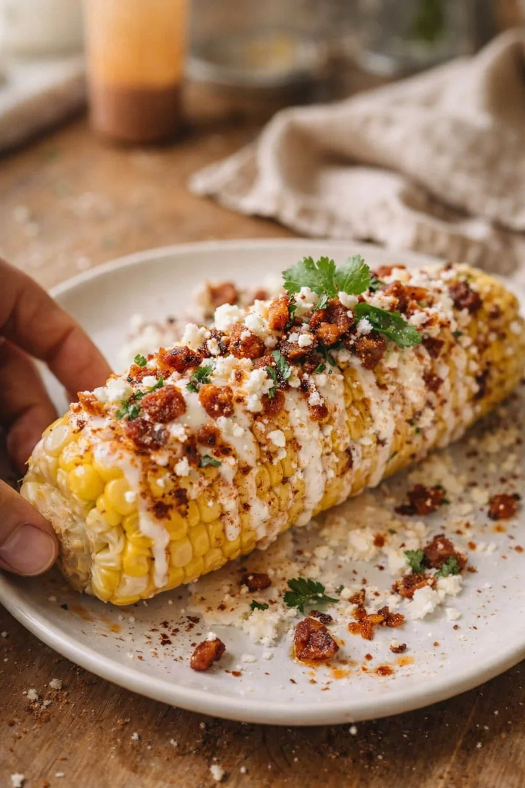 hand holding corn on the cob topped with crispy bacon, crumbled cheese, cilantro, and creamy drizzle