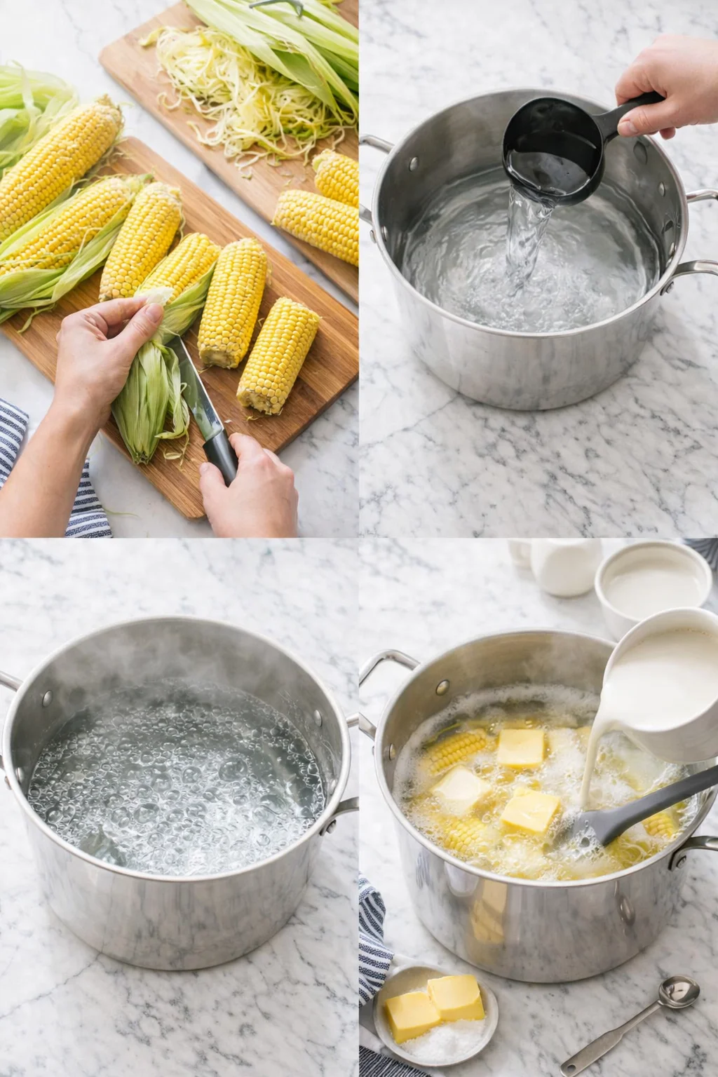 Collage showing corn husking, boiling water, and adding butter and milk.
