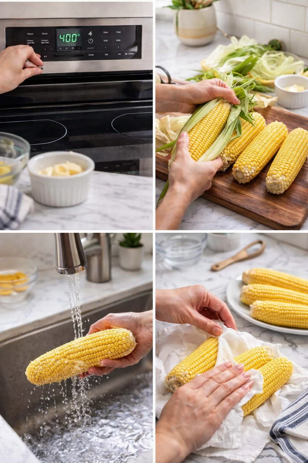 collage of corn-prep in kitchen: oven at 400F, husking corn, rinsing under water, and patting dry