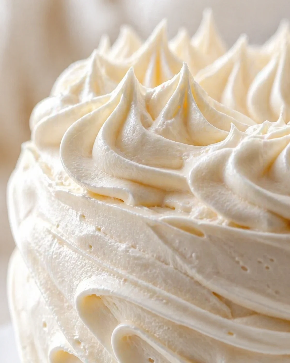 Close-up of a cake with tall white whipped-cream frosting swirls.