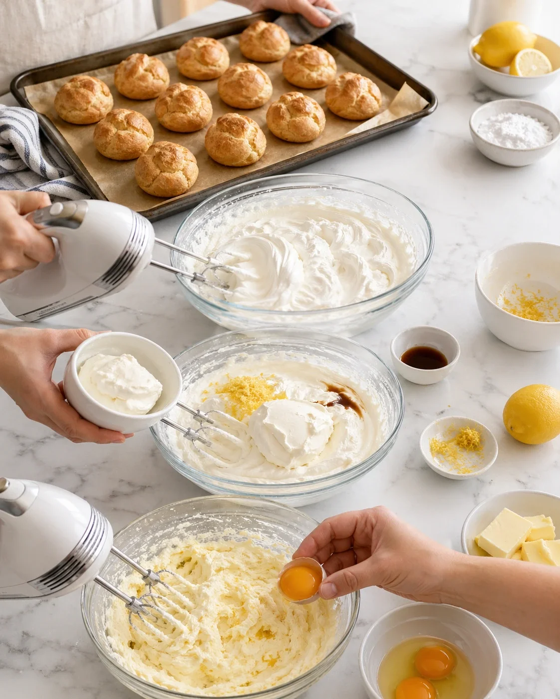 Hands whisk batter with electric mixers as a tray of cream puffs rests on a parchment-lined baking sheet.