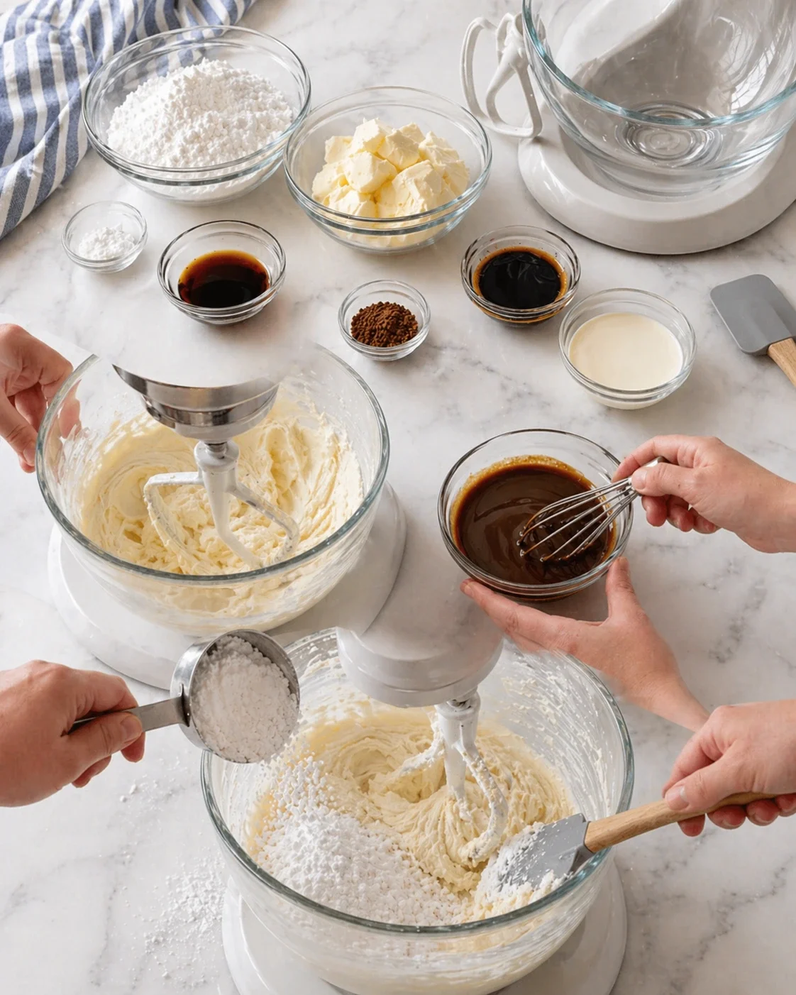 Two glass bowls hold creamed butter and sugar on a bright marble counter during baking.