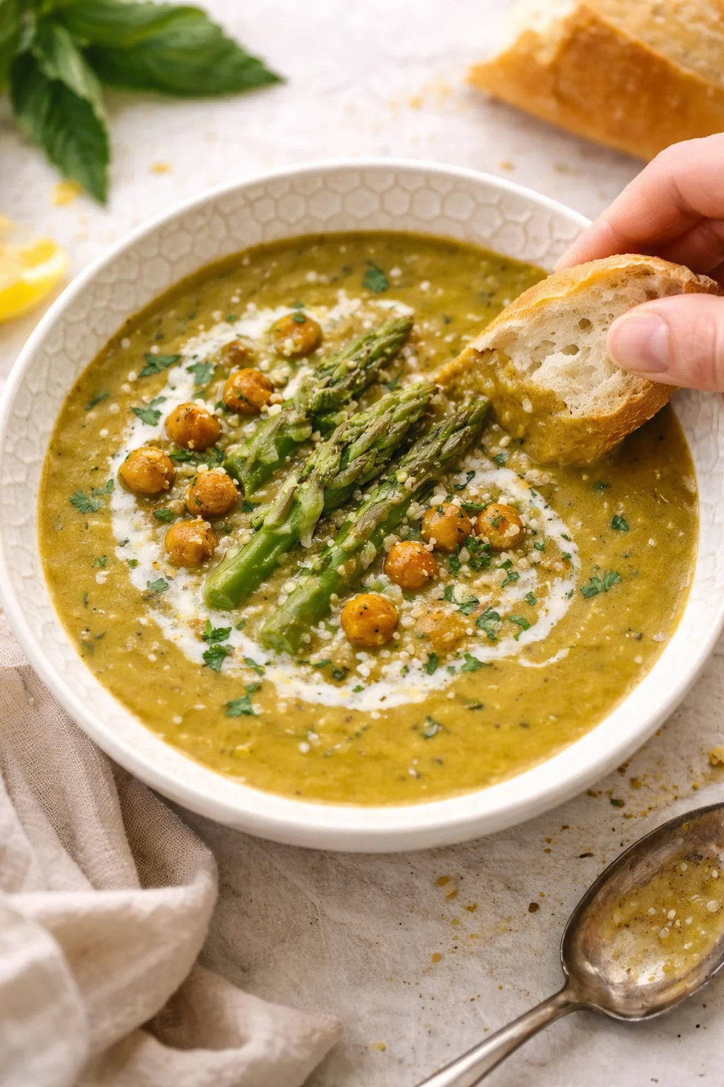 Creamy green soup with asparagus, chickpeas, and parsley in a patterned white bowl, with bread for dipping