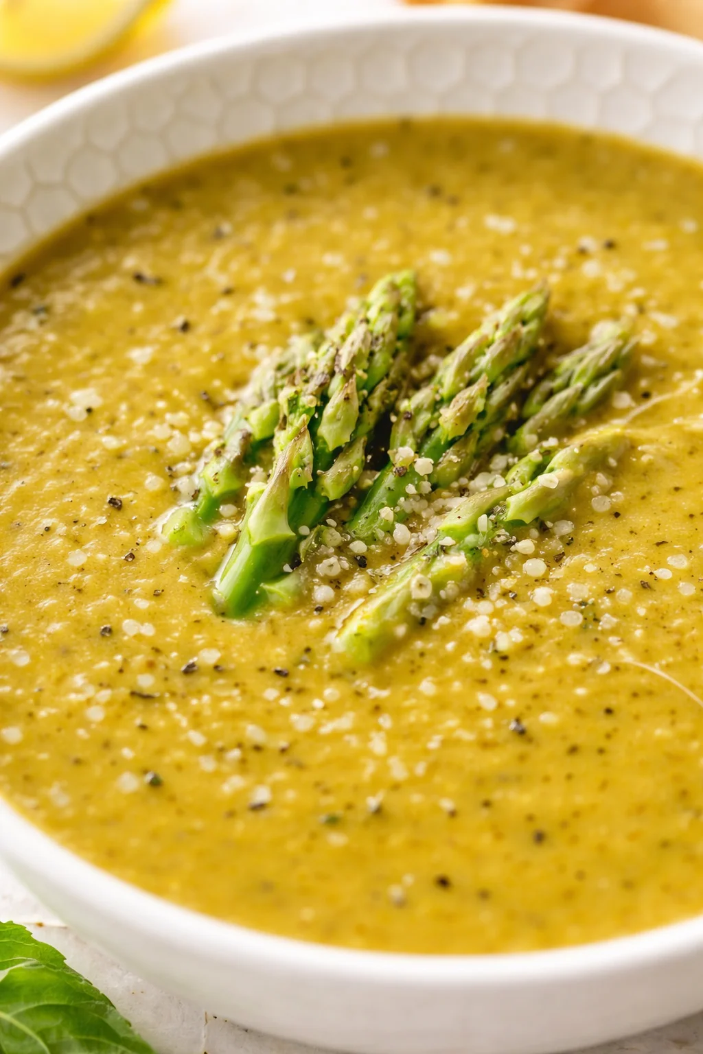 Creamy golden soup in a white patterned bowl, topped with a bundle of asparagus spears.