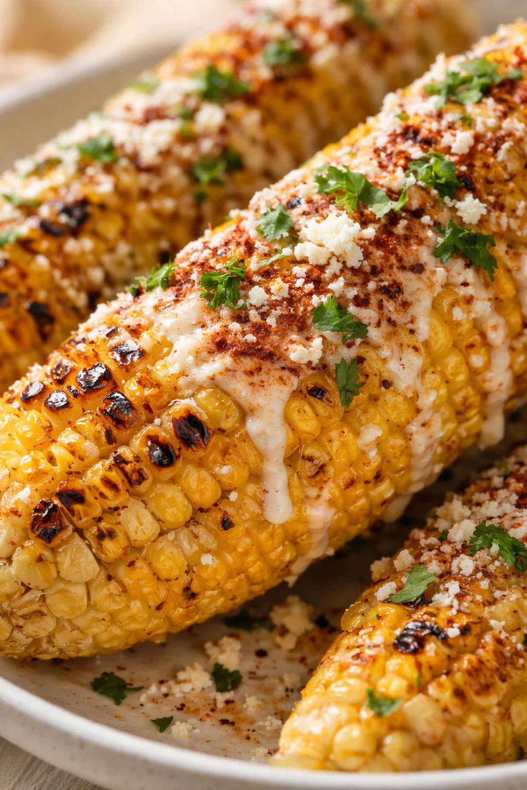 Close-up of grilled corn with creamy sauce, cheese, and cilantro on a plate.