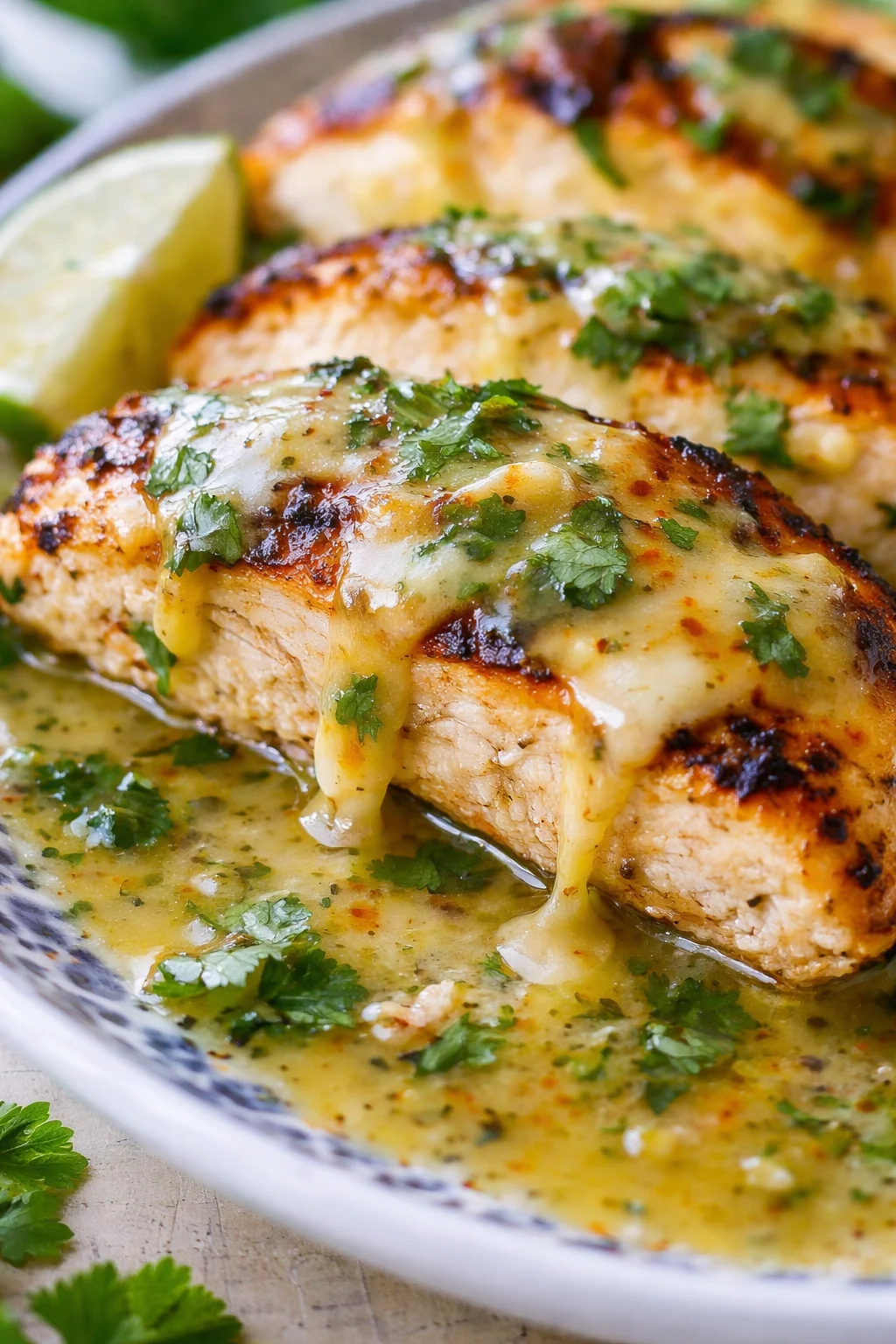 golden-brown chicken slices with melted cheese and fresh cilantro in a creamy green sauce, lime wedge nearby