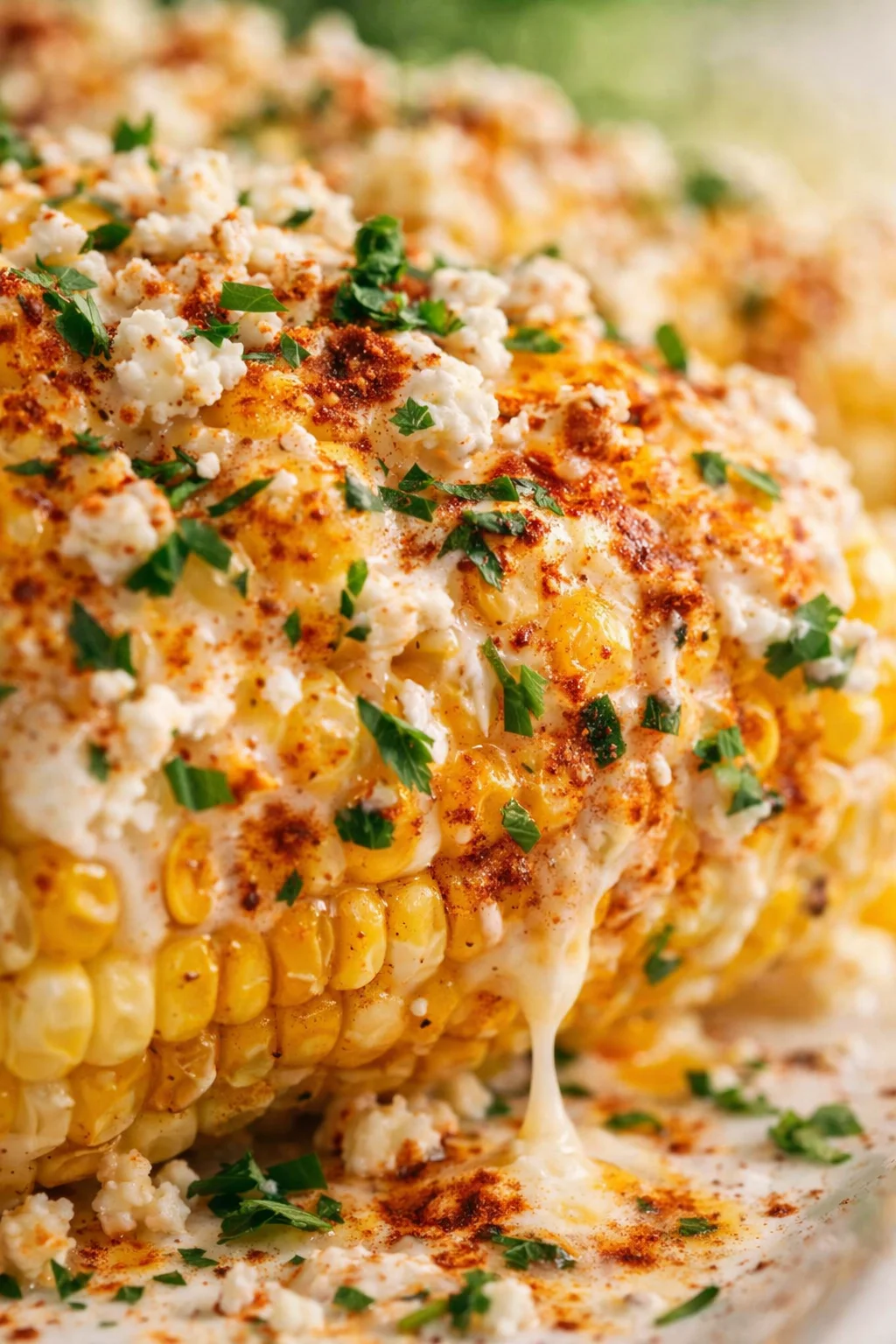 close-up of grilled corn on the cob topped with cotija cheese, chili powder, and fresh parsley.