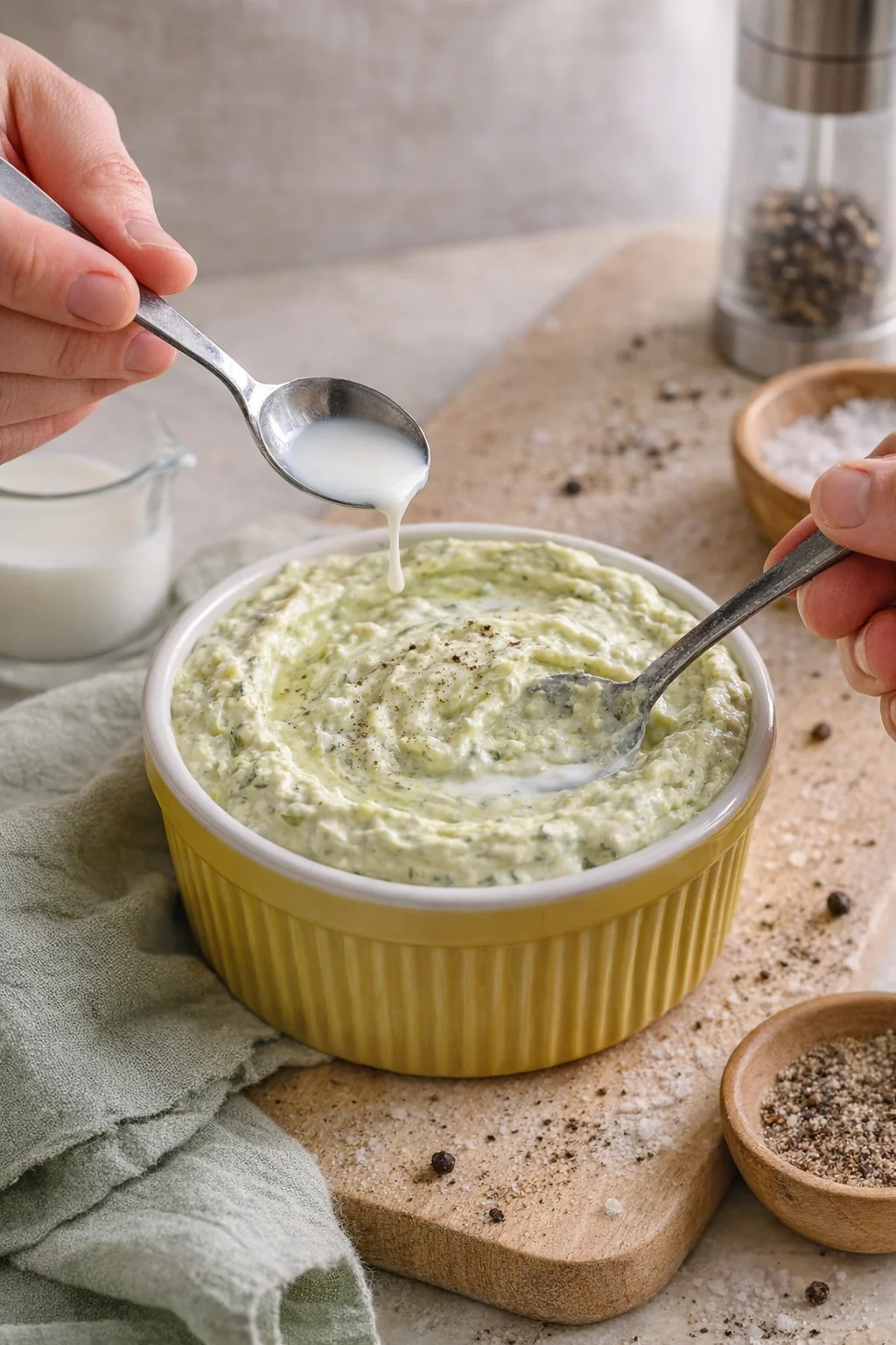Creamy green herb dip in a yellow ramekin on a wooden board, stirred by two spoons.