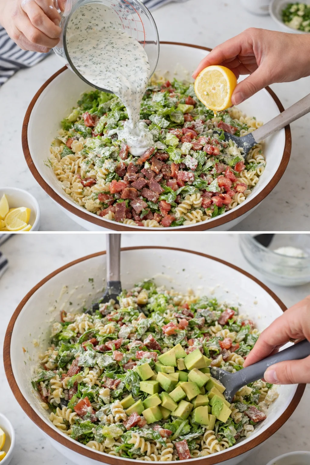 Two-panel collage of pasta salad being dressed with creamy herb sauce and lemon, with avocado added