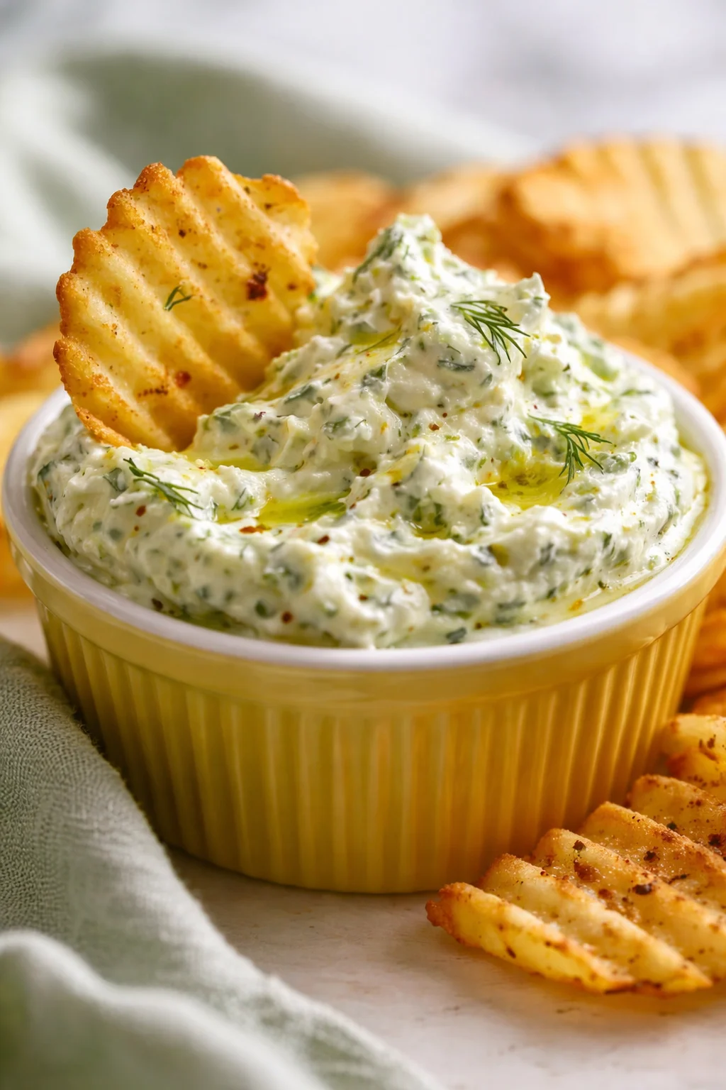 Creamy herbed dip in a yellow ribbed bowl, garnished with dill, surrounded by crispy potato chips.