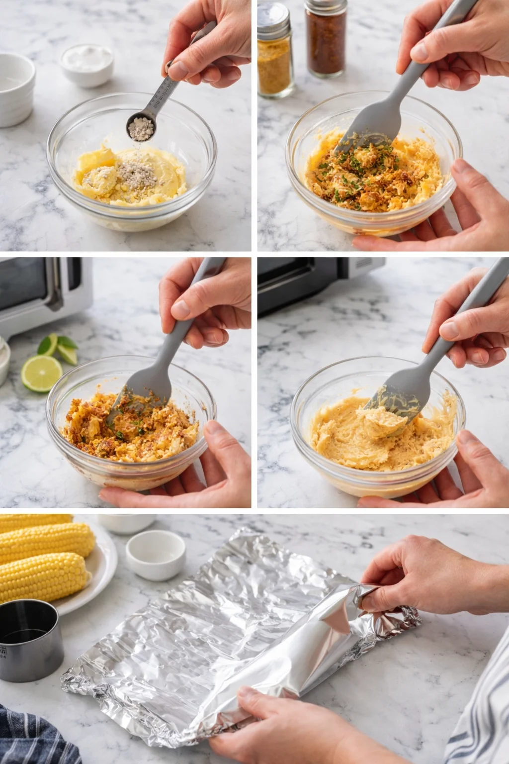 A six-panel collage showing step-by-step mashed potatoes, crumb topping, and corn wrapped in foil.