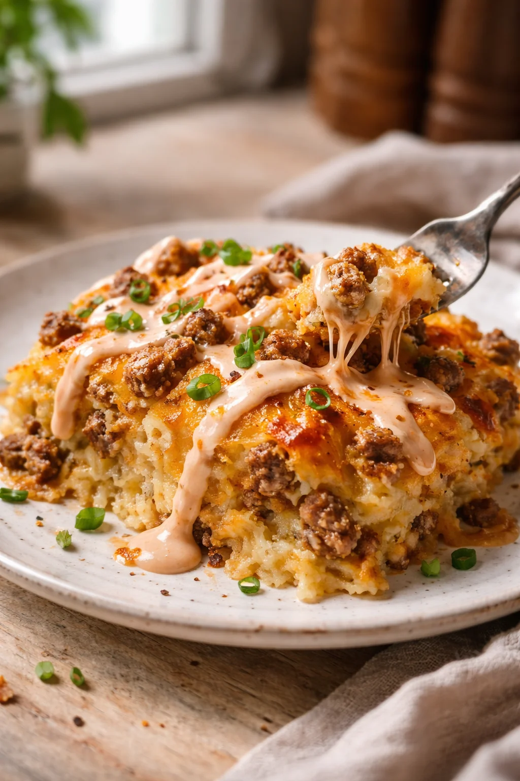 Plate of creamy pasta bake with ground beef and melted cheese, garnished with chives, on a rustic wooden table.
