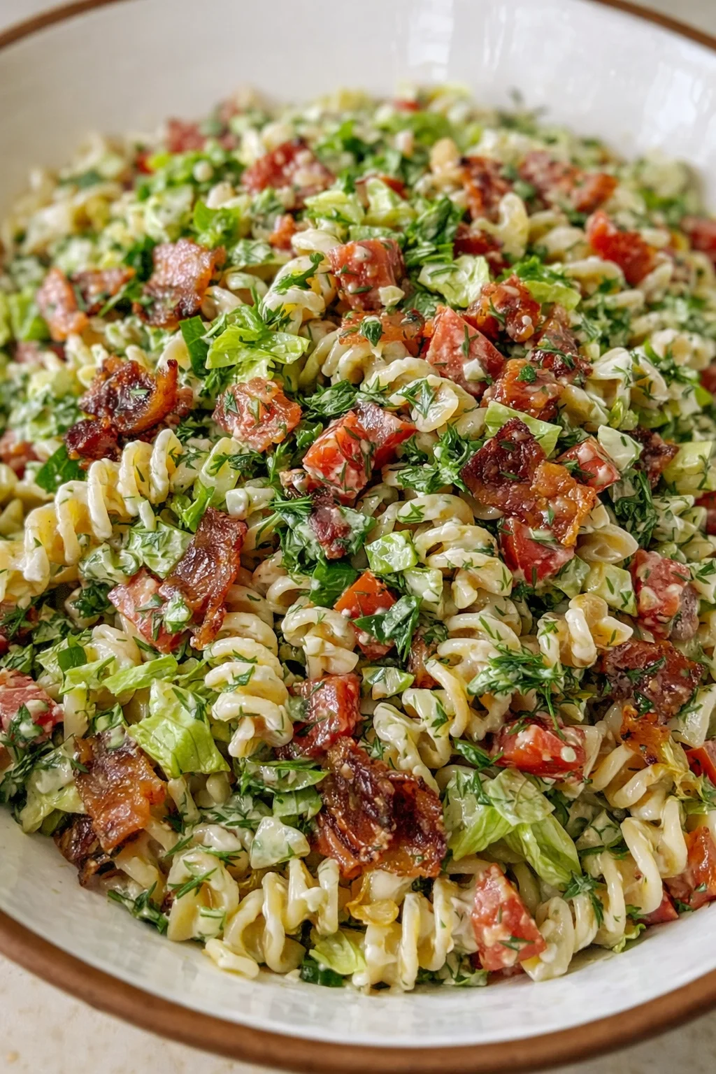 bowl of creamy pasta salad with fusilli, tomatoes, bacon, celery (or cucumber), and herbs