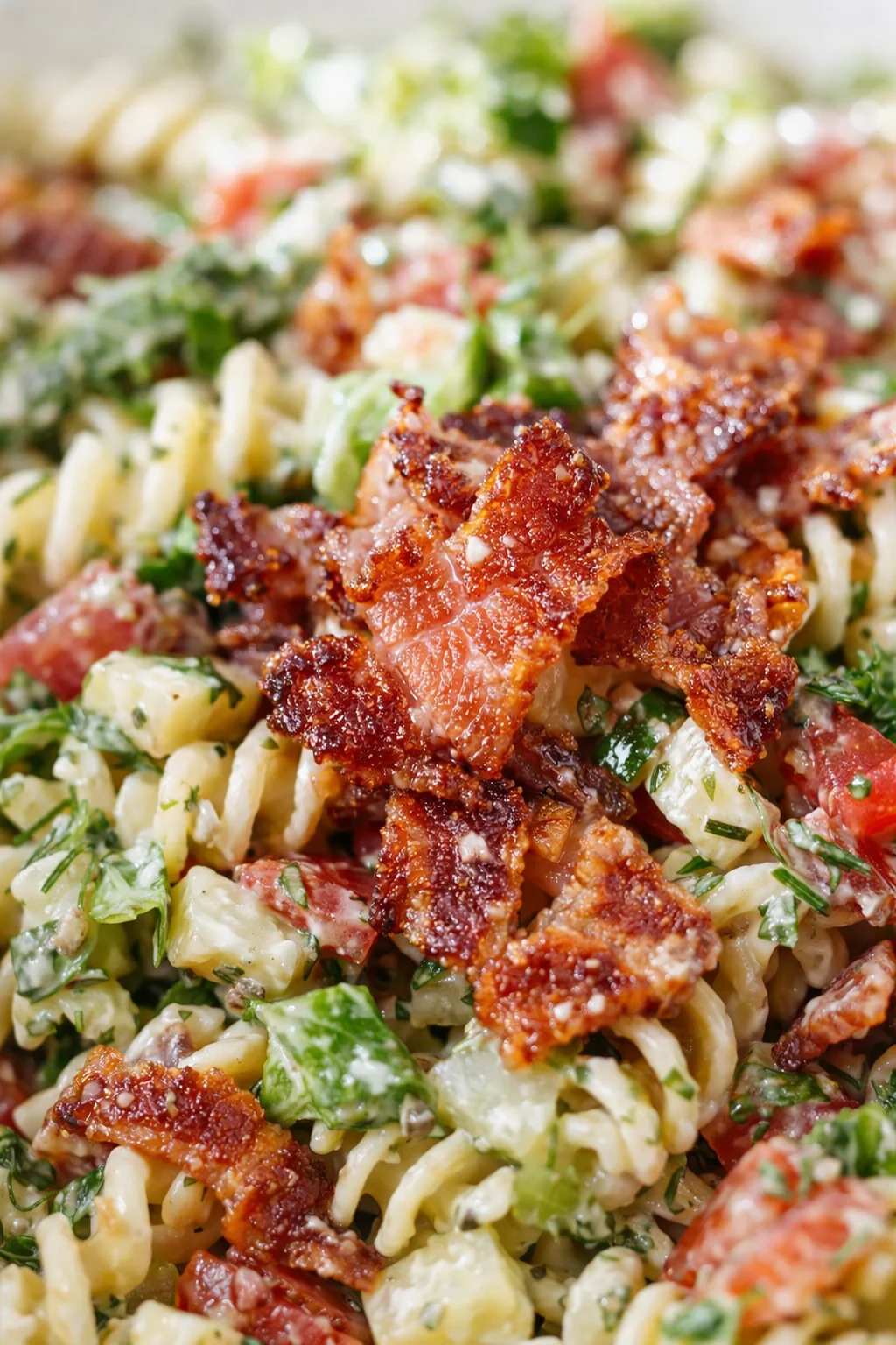 close-up of creamy pasta salad topped with crispy bacon, potatoes, tomatoes and herbs