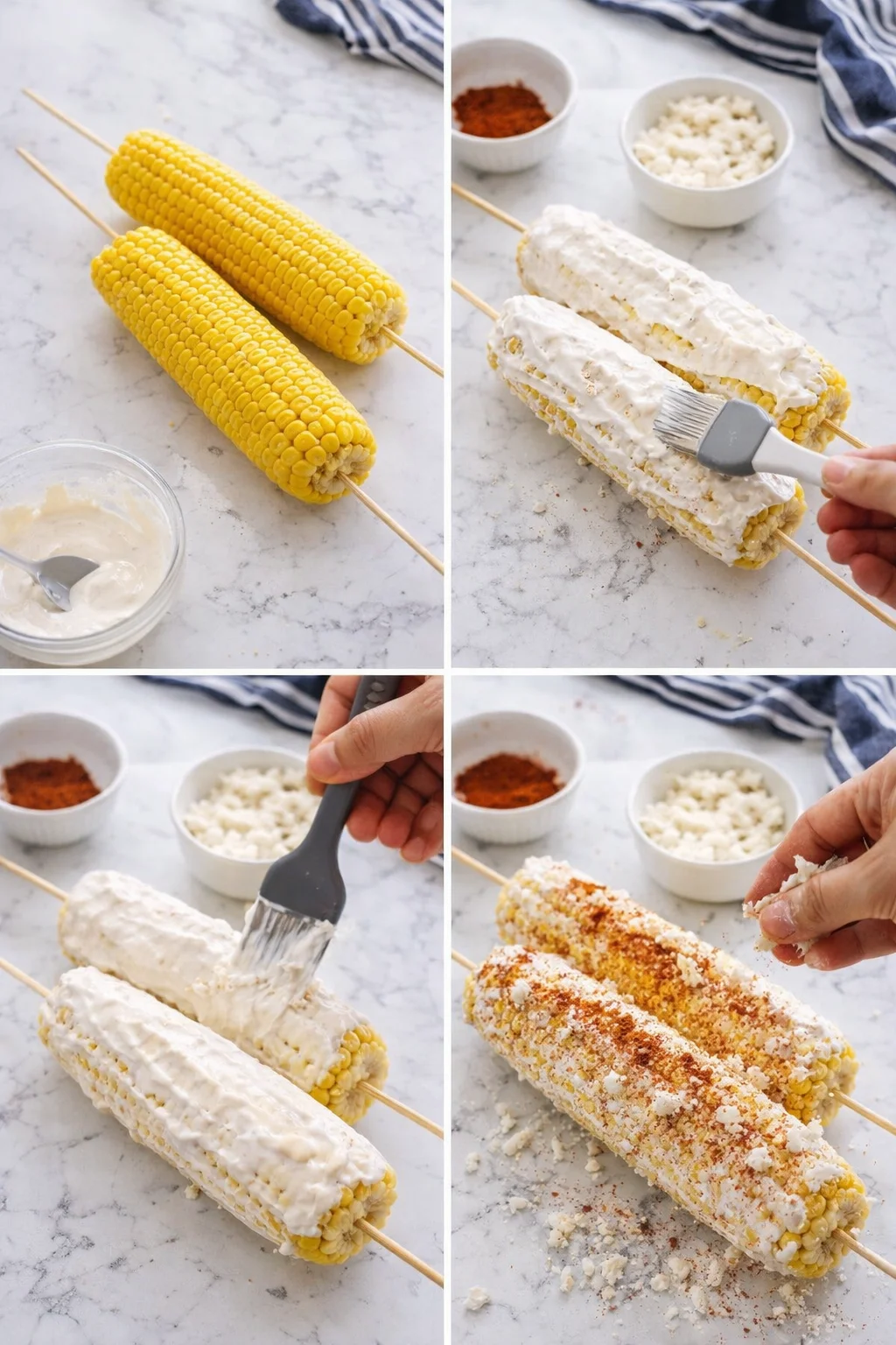 collage of corn on skewers being coated with creamy sauce and spices