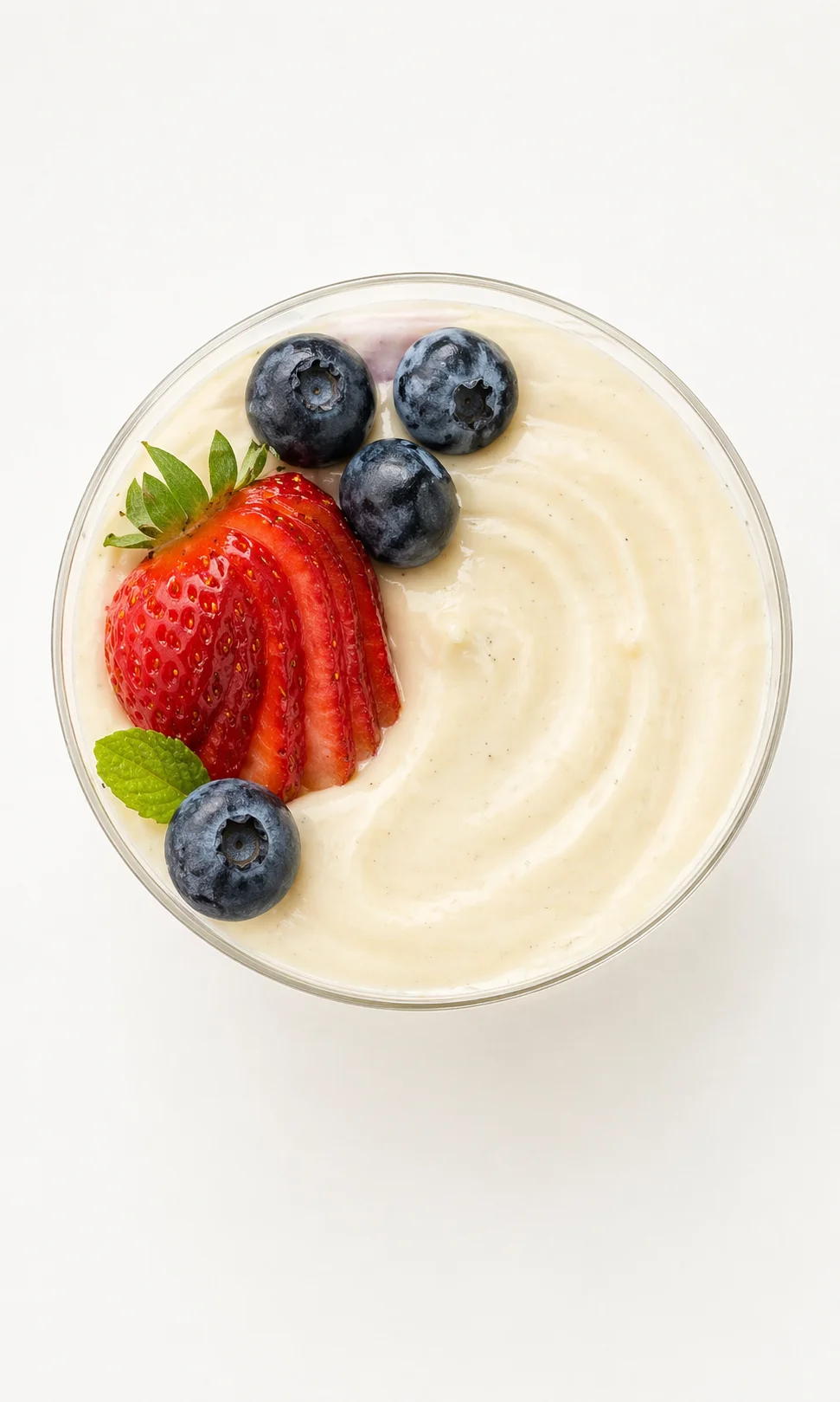 top-down view of a bowl of creamy yogurt topped with sliced strawberries, blueberries, and mint