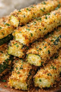 Golden breadcrumb-crusted zucchini fries with herbs on a wooden board.