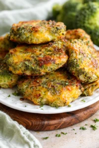 Stack of crispy broccoli cheddar fritters on a white plate.