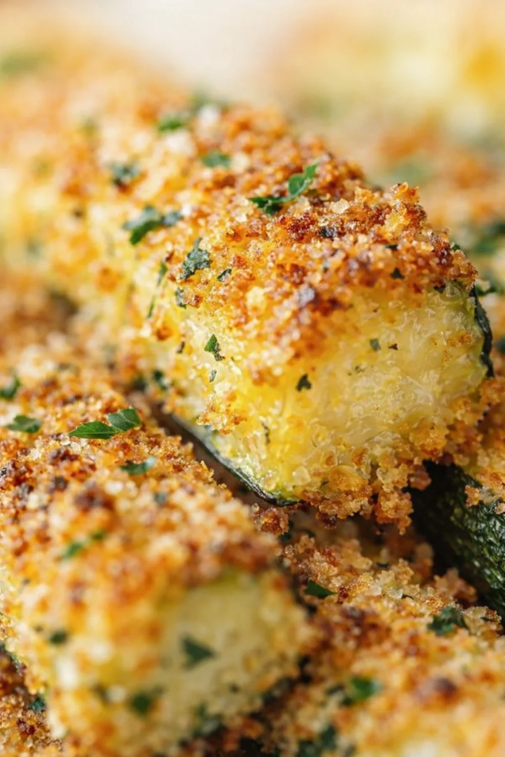 Close-up of golden breadcrumb-crusted potato croquettes garnished with chopped parsley.