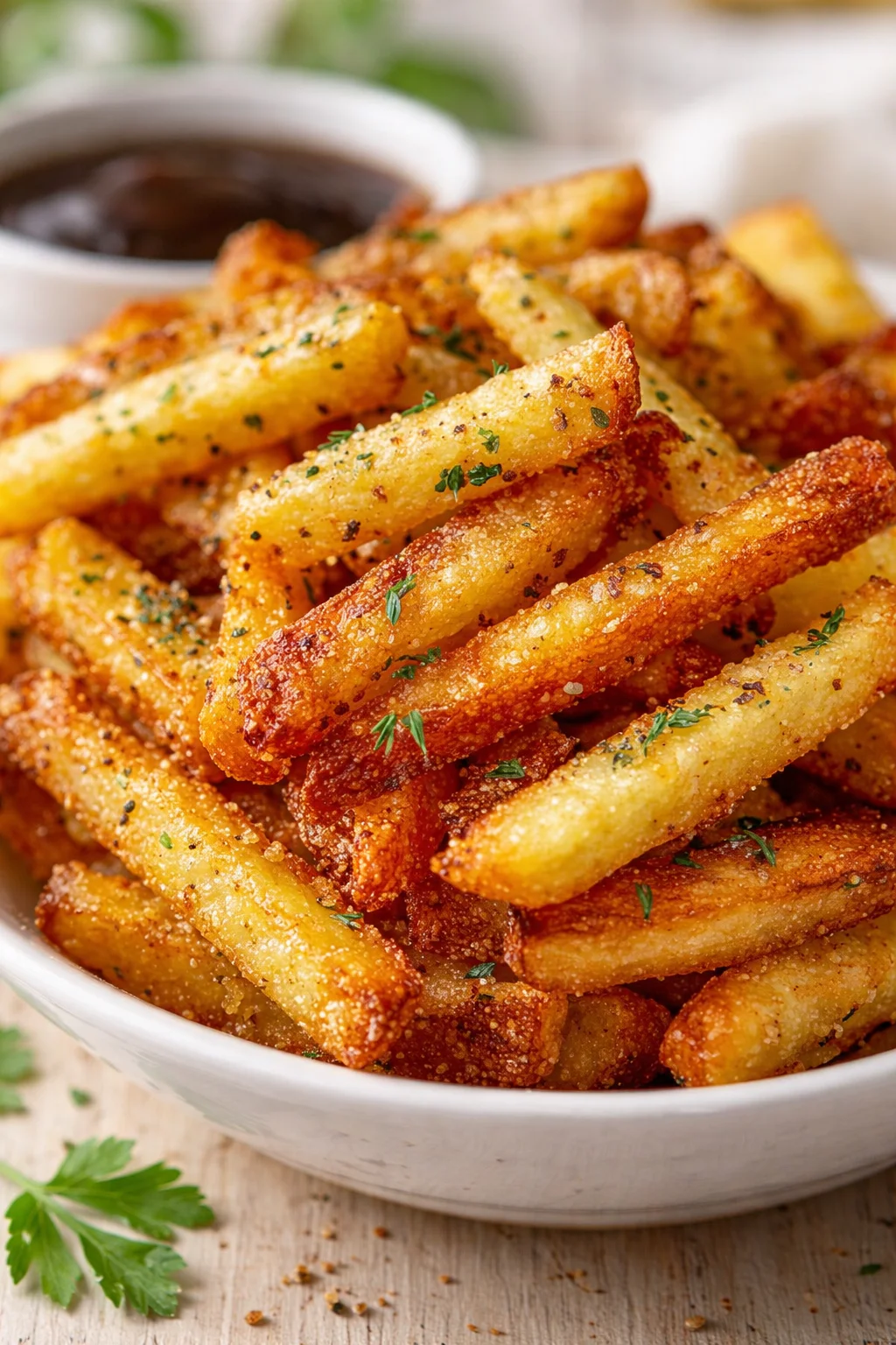 white bowl piled with crispy, golden thick-cut fries sprinkled with herbs, with a dark dipping sauce blurred in the background