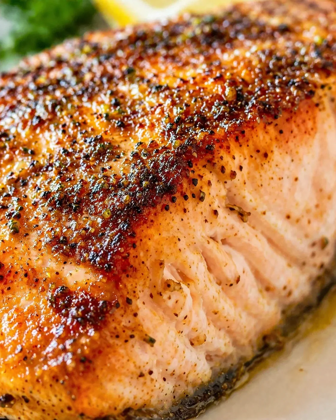 Close-up of a crispy herb-crusted salmon fillet with flaky pink flesh