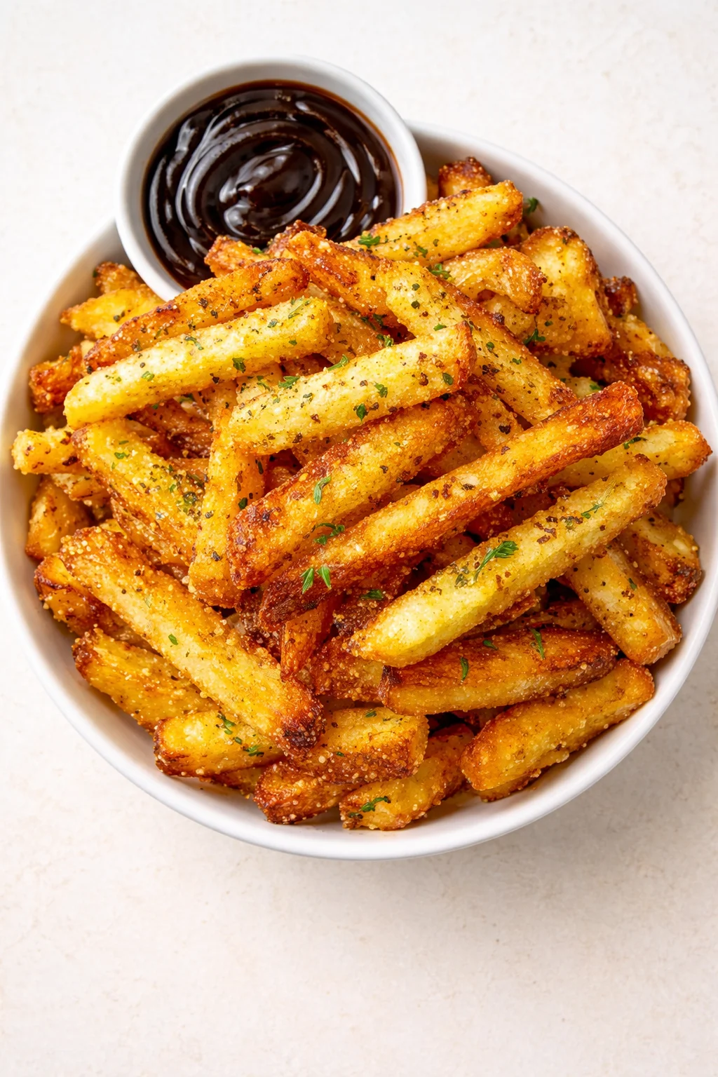 oval white bowl filled with crispy herb-seasoned fries and a dark dipping sauce.