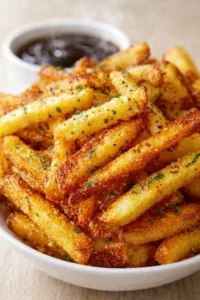 Golden-brown crispy fries with herb flecks in a white bowl, with a dark dipping sauce in the background.