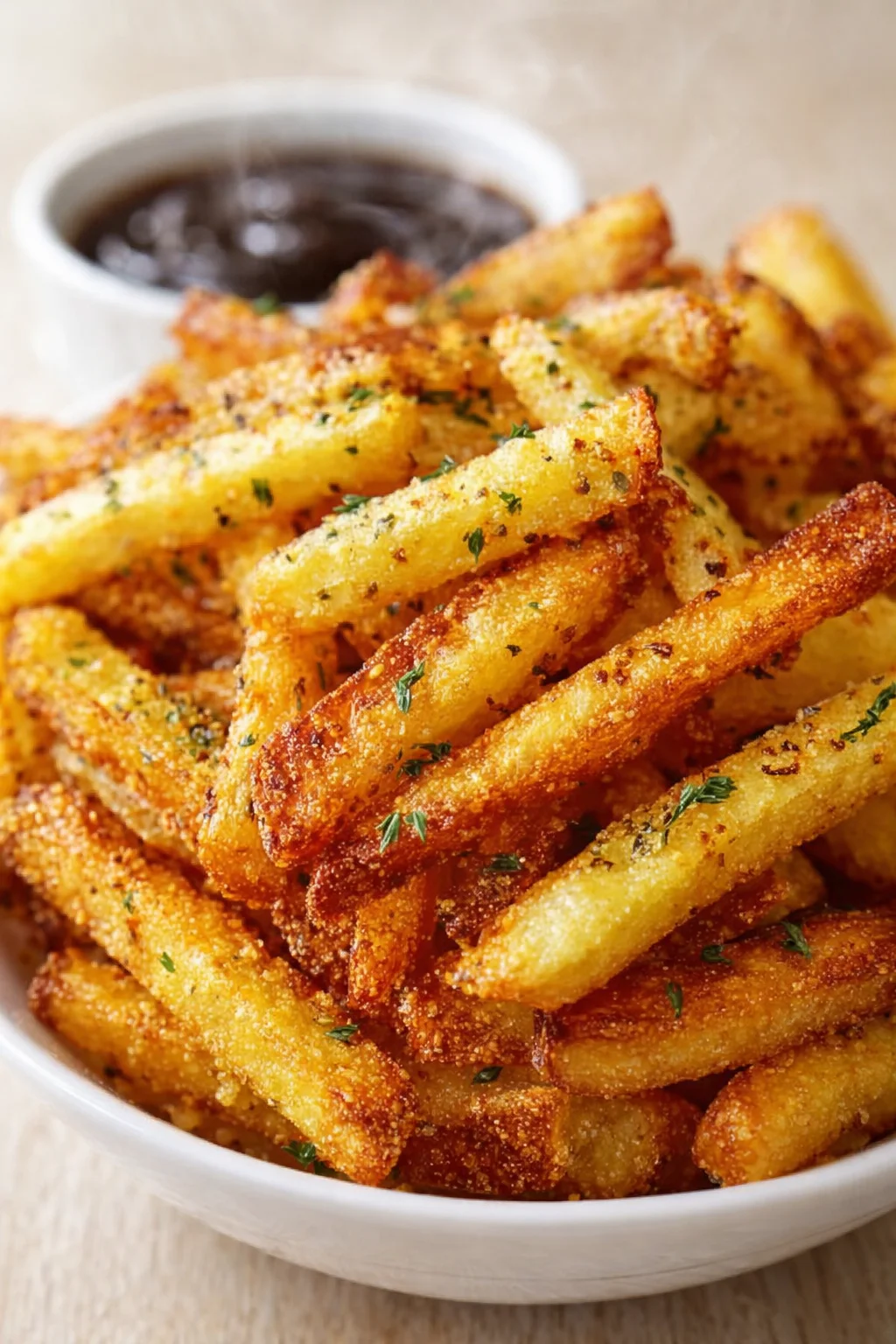 Golden-brown crispy fries with herb flecks in a white bowl, with a dark dipping sauce in the background.