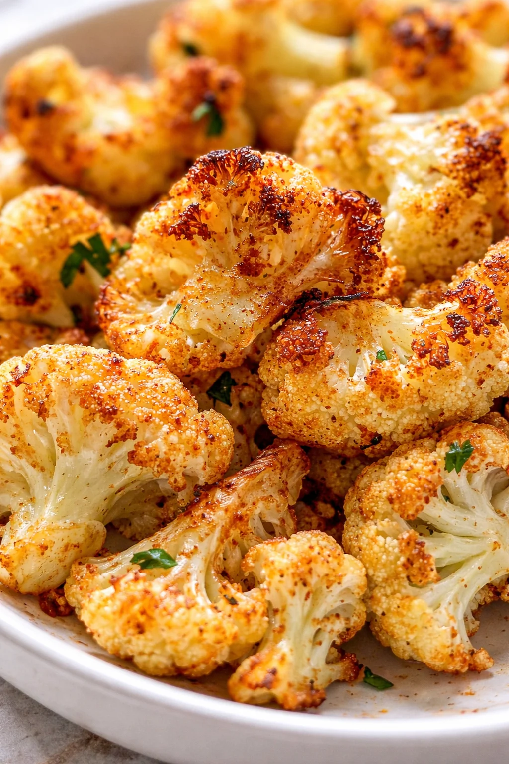 Golden-brown roasted cauliflower florets with a crispy coating and parsley garnish