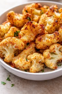 roasted cauliflower florets with golden-brown edges in a white bowl, garnished with parsley
