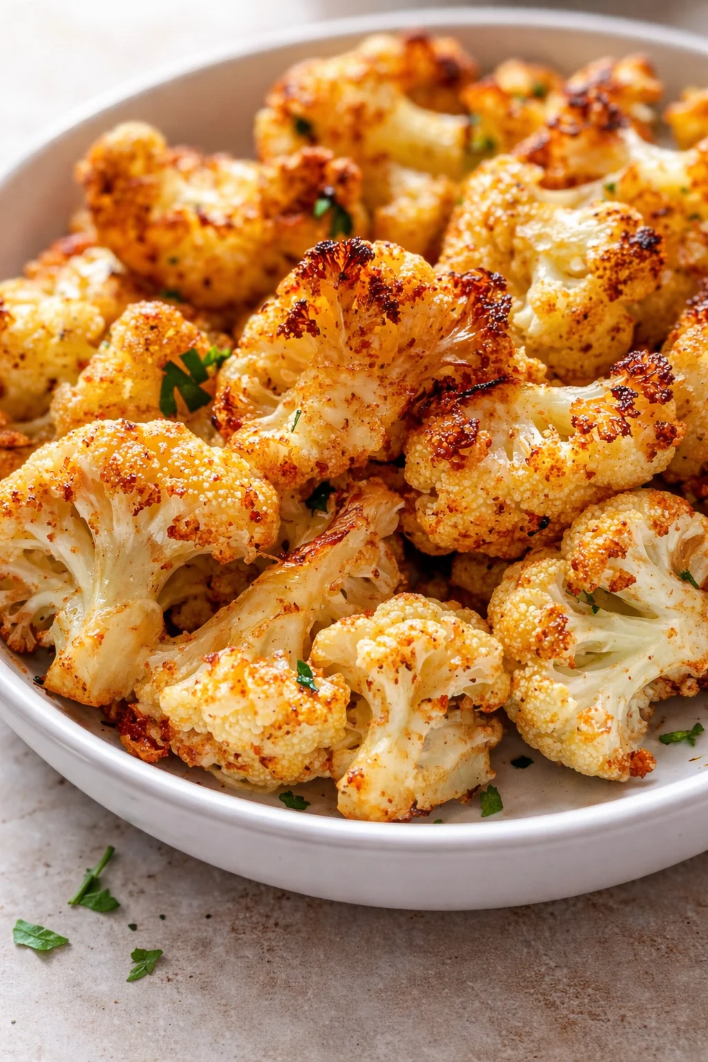 roasted cauliflower florets with golden-brown edges in a white bowl, garnished with parsley