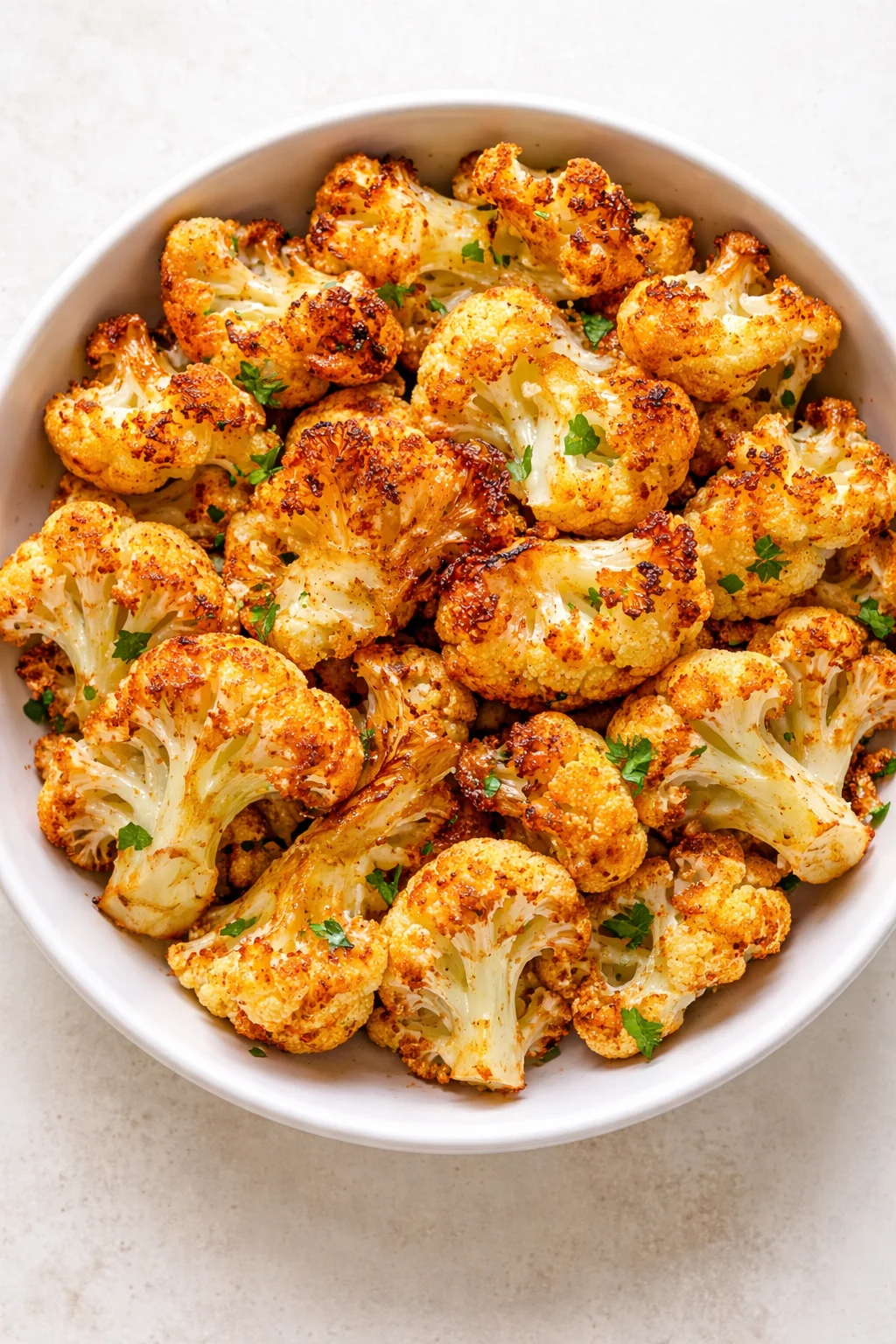 round white bowl filled with crispy, golden-brown roasted cauliflower florets, garnished with parsley