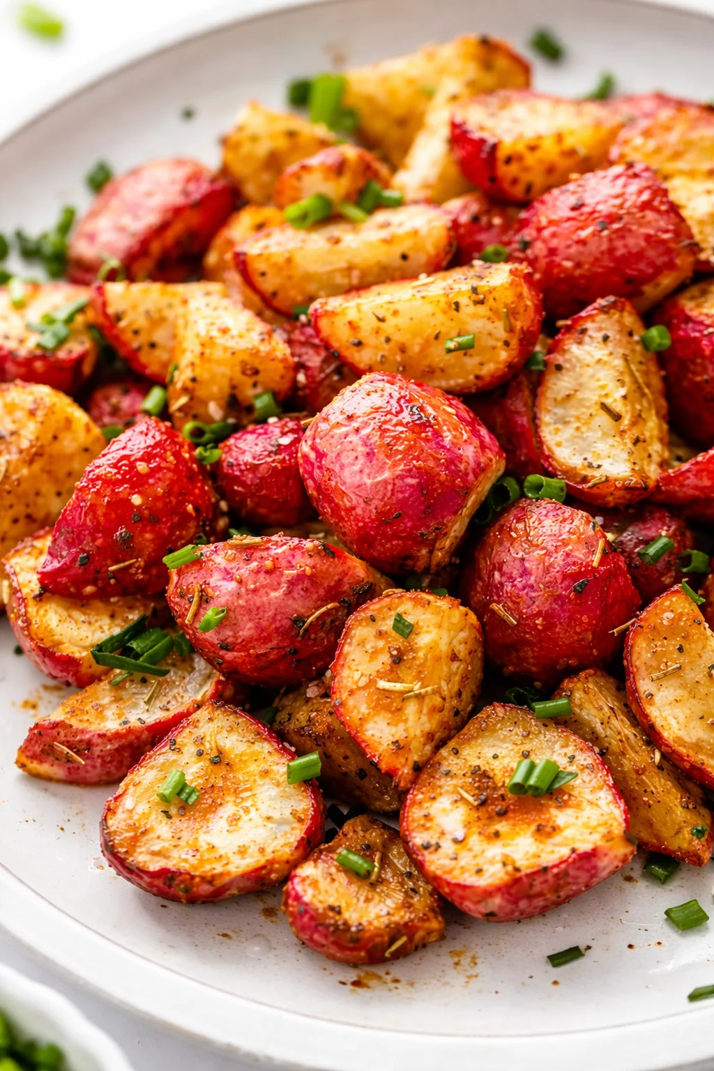 Close-up of crispy roasted potato halves with red skins and golden interiors, sprinkled with herbs on a white plate.