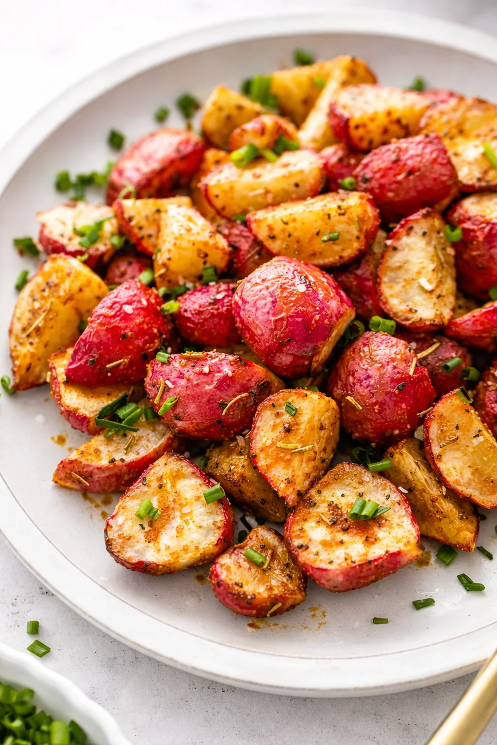 crispy roasted red potatoes with herbs on a white plate