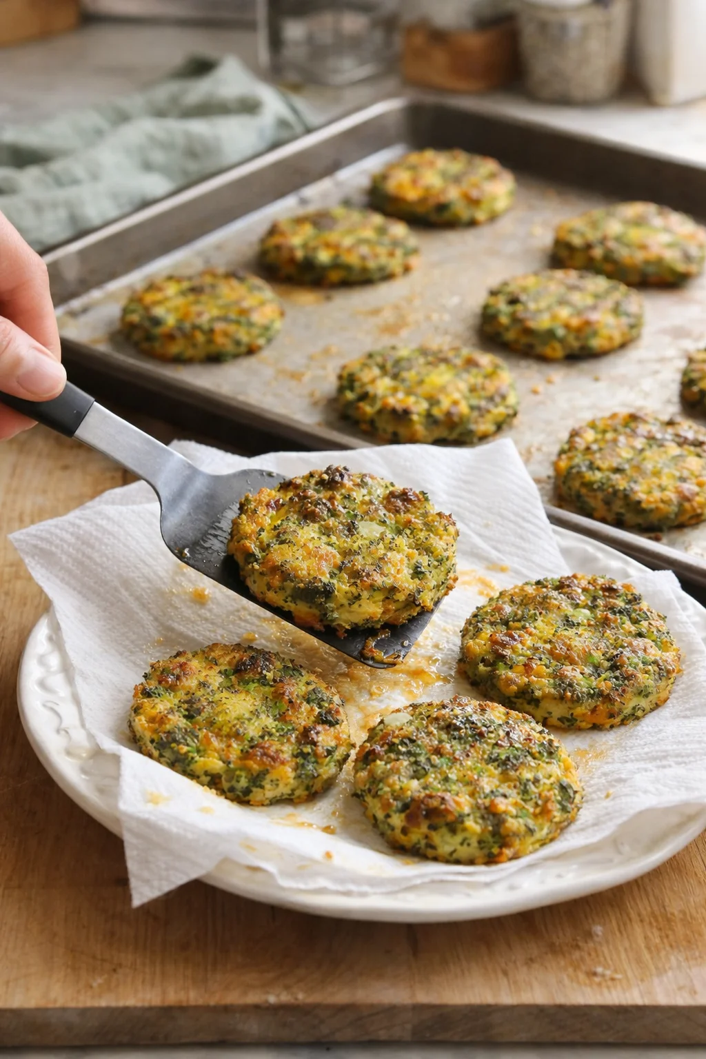 Round golden-brown vegetable patties speckled with green herbs on a baking tray and plate