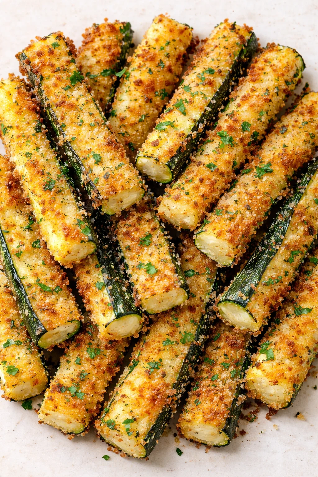 Crispy breadcrumb-coated zucchini sticks with parsley, arranged on a light marble surface.